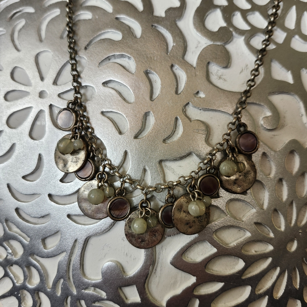 Hammered Metal and Pale Green Pendant Necklace